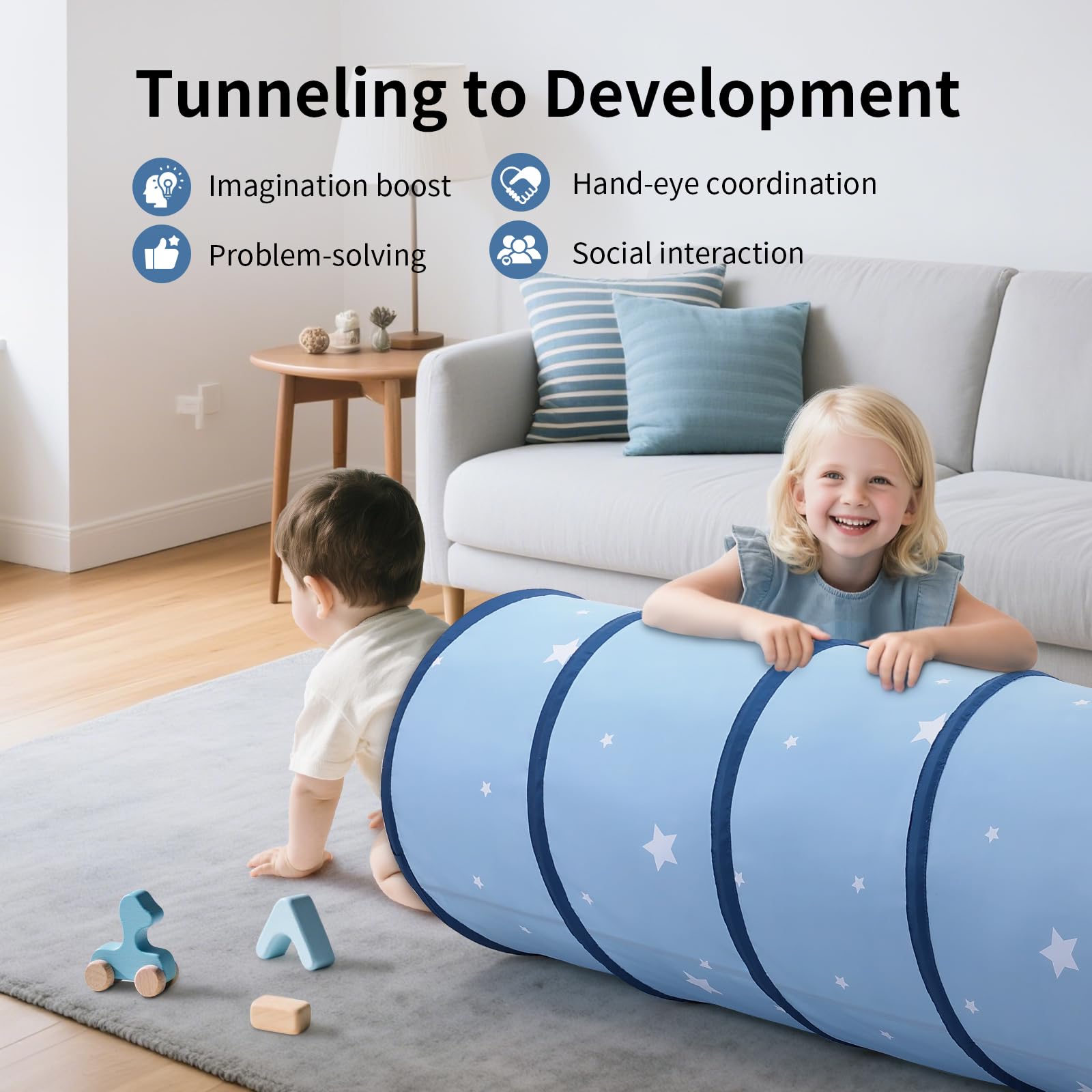 Tunnel de Jeu Pop-up pour Enfants: Tente-Tunnel Pliable en Tissu Peau de Pêche pour Bébés Rampants-Jouet pour Tout-Petits Intérieur Extérieur - Cadeau pour Garçons Filles 175 × 46 cm (Étoiles Bleues)
