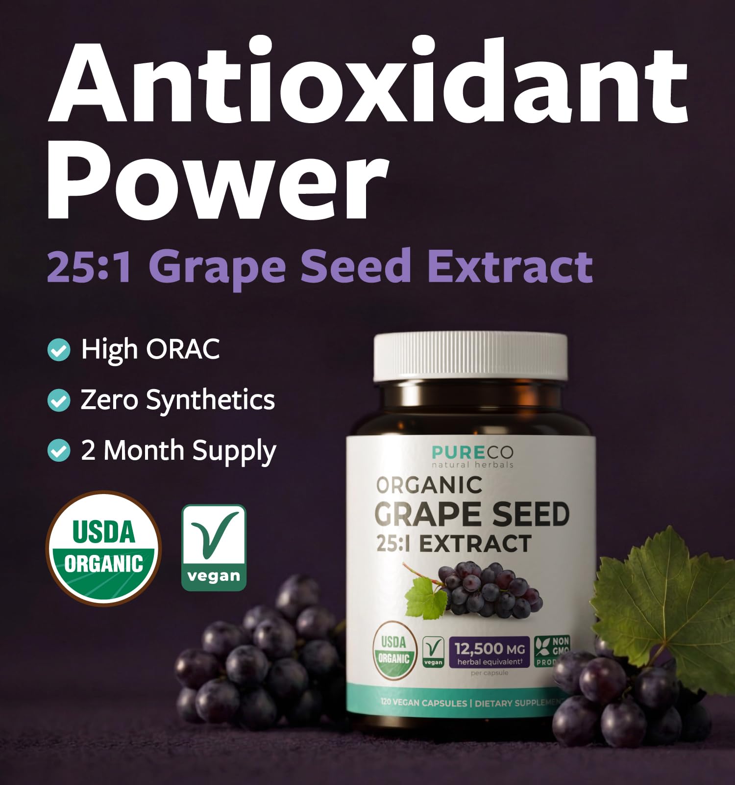 USDA Organic Grape Seed Extract - High Potency 25:1 Grapeseed Supplement with 12,500mg Herbal Equivalent Strength - Antioxidant Support - Vegan & Non-GMO (4 Month Supply) — Amazon image 2