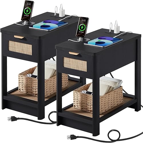 Miniatura 9 de Lerliuo Juego de 2 mesitas de noche de ratán, mesita de noche estrecha con estación de carga, mesa auxiliar de cama bohemia con cajón estante de