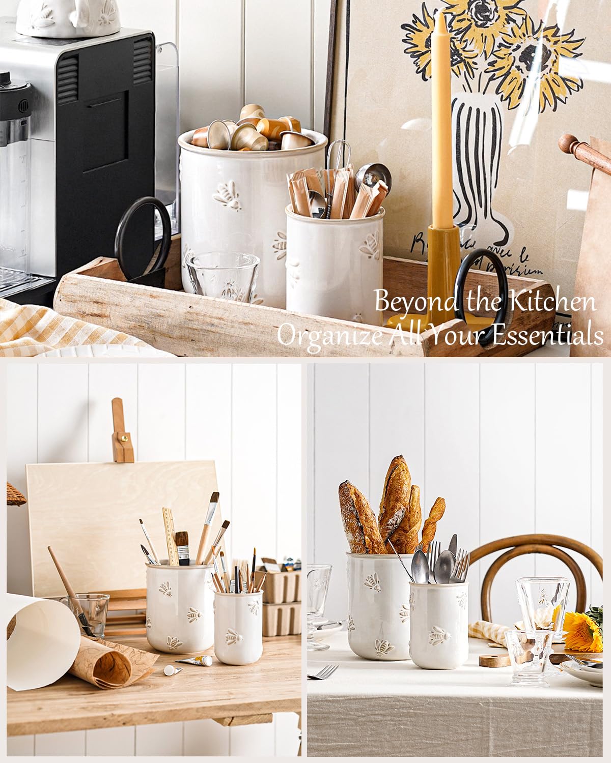 LE TAUCI Portautensili, 17,5 cm + 13,5 cm, in ceramica, per piano di lavoro, organizer per utensili da cucina in rilievo, per spatola e cucchiaio, decorazione da cucina, set di 2, bianco artico