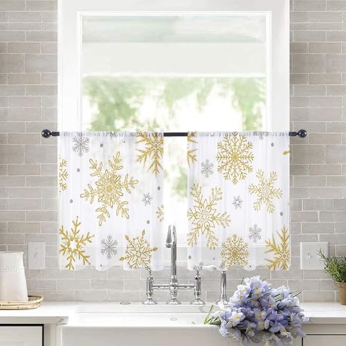 Miniatura 8 de Xmas Gold Grey Snowflake Sheer Curtains 84 Inch Length 2 Panels Set for Living RoomBedroom, Merry Christmas Winter Holiday Semi Curtain Sheers