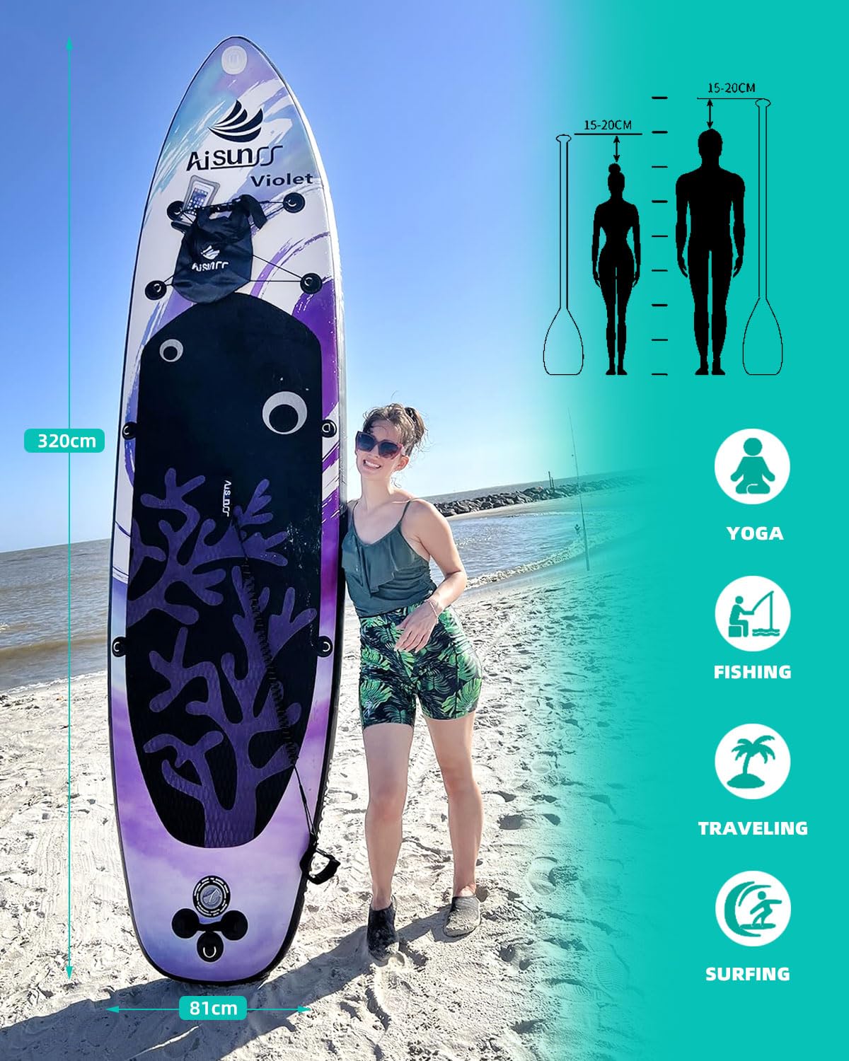 Tavola gonfiabile per adulti, tavola da paddle per tutti i livelli di abilità, ampia tavola da SUP con accessori in primium, include borsa per il trasporto SUP, pompa a mano, borsa