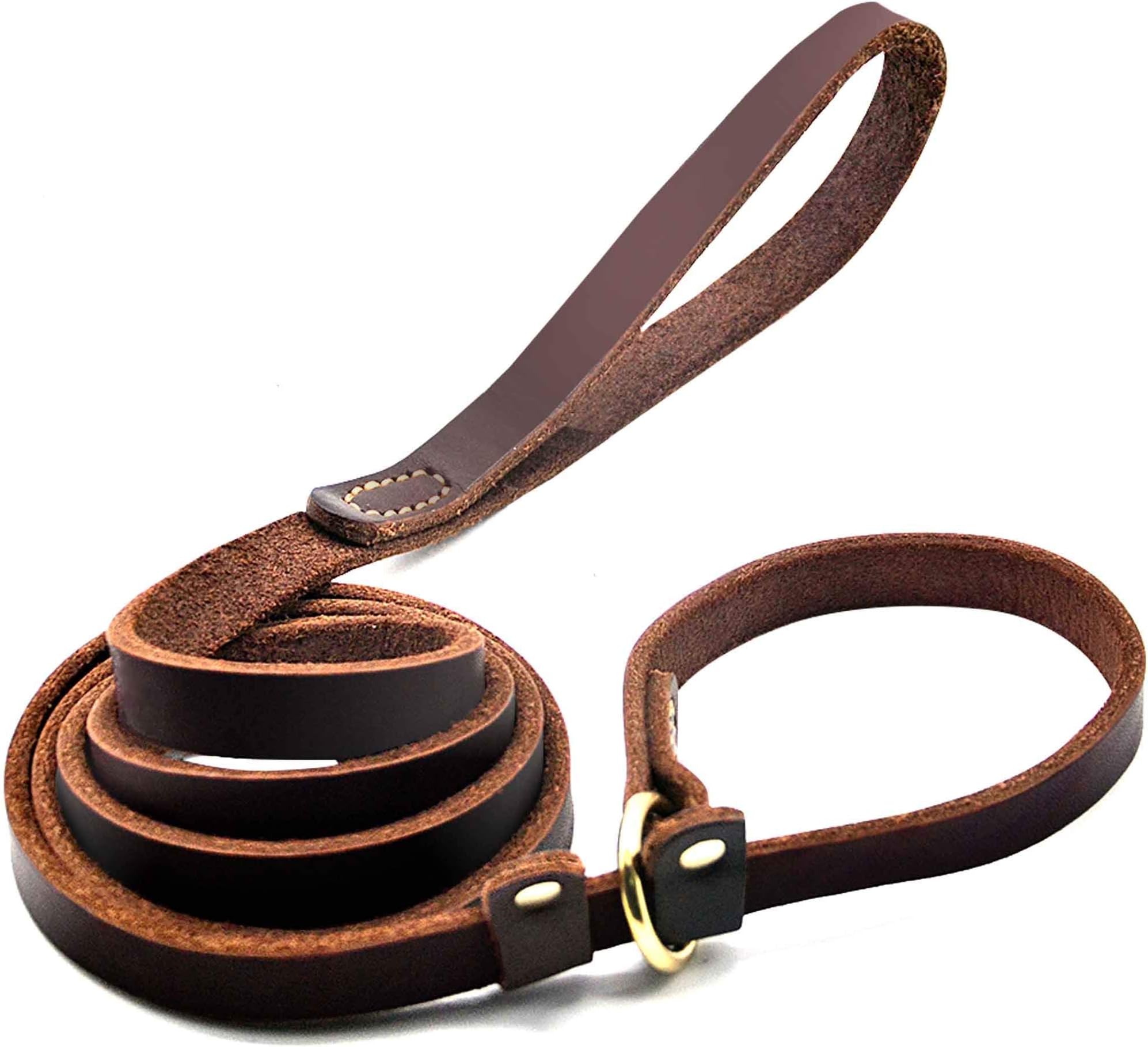 Real Leather Slip Lead Dog Leash, Soft Adjustable Pet Slip Leads with Slider, Heavy Duty Flat Dog Training Leash for Medium and Large Dogs, 6ft Long by 0.7 Inch Wide, Brown