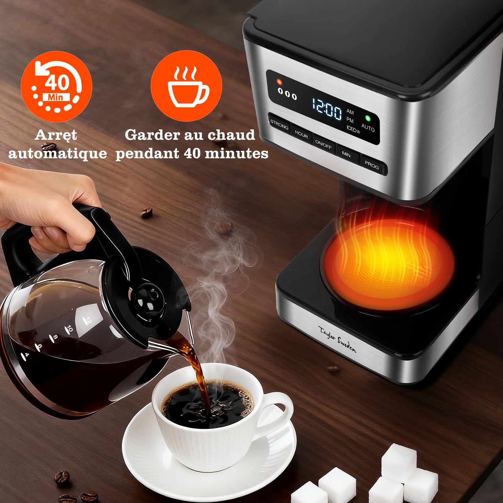 Taylor Swoden Cafetiere filtre 1.8L (12-15 Tasses) - Programmable 24H, 3 Niveaux Concentration + Café Glacé, Autonettoyage, Anti-Goutte, Maintien au chaud & Arrêt Auto 40Min, Filtre Amovible,écran LED