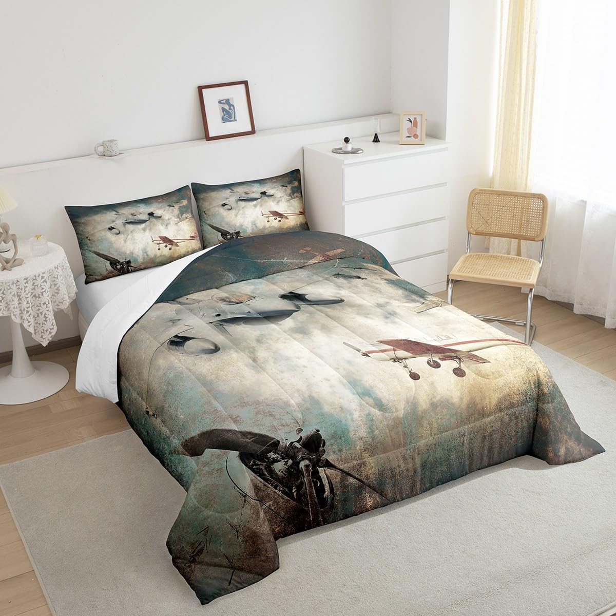 Airplane Bedding Comforter Sets Vintage World War Military Aircraft Comforter Set for Boys Teenagers Young Man Youth, Fighter Plane Bomber Jets Bedding Soldier Air force Theme Duvet Set Queen