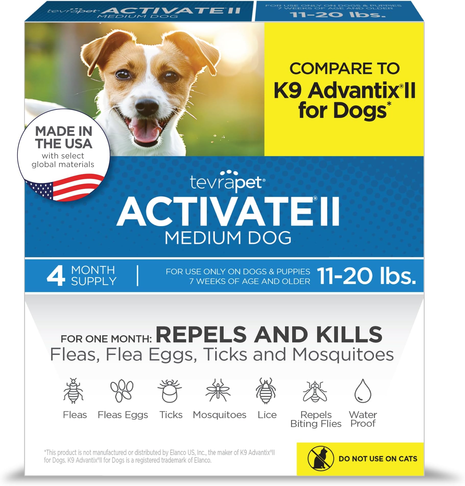 TevraPet Activate II Flea and Tick Prevention for Dogs | 4 Count | Medium Dogs 11-20 lbs | Topical Drops | 4 Months Flea Treatment