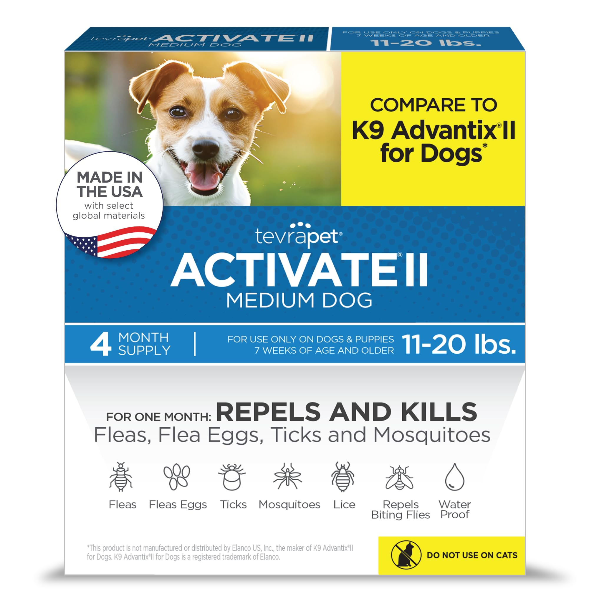 TevraPet Activate II Flea and Tick Prevention for Dogs | 4 Count | Medium Dogs 11-20 lbs | Topical Drops | 4 Months Flea Treatment