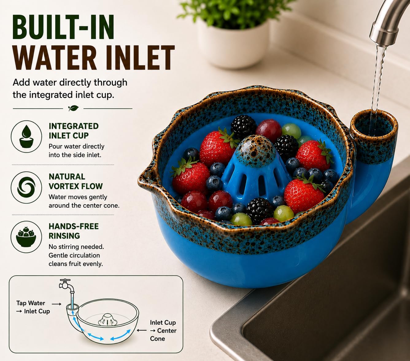 Self Spinning Ceramic Berry Washing Bowl, Fruit & Vegetable Washer with Drain, Automatic Rinse Bowl with Lid & 2 Fruit Forks, Multipurpose Kitchen Bowl