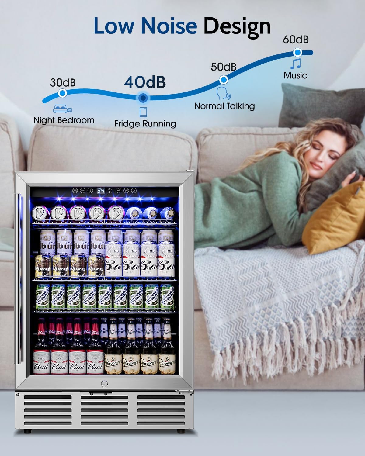 Feelfunn 24 inch Beverage Refrigerator - 180 Cans Under Counter Beverage Fridge with Glass Door & Safety Lock for Beer Wine Soda, Built-in or Freestanding Drink Fridge for Home Office Kitchen or Bar