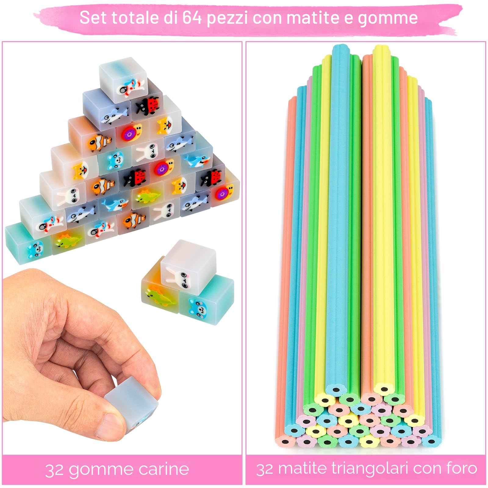 64Pcs Matite con Gomma Bambini,32 Gomme Cancellare Bambini Divertenti & 32 Petalo Matite Bambini Adatta Regalini Fine Festa Compleanno,Gadget Compleanno Bambini
