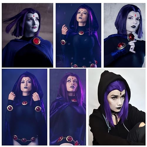 Miniatura 3 de Ebingoo 7 piezas de peluca corta morada estilo Bob para mujer + accesorios de disfraz + gorra de peluca, peluca corta recta morada, peluca de pelo