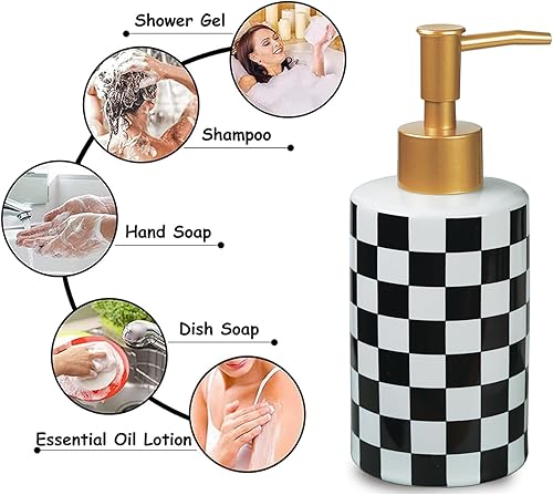 Miniatura 7 de Dispensador de jabón de cerámica a cuadros blanco y negro, plato de loción líquida, dispensador de jabón de tablero de ajedrez, botella con bomba