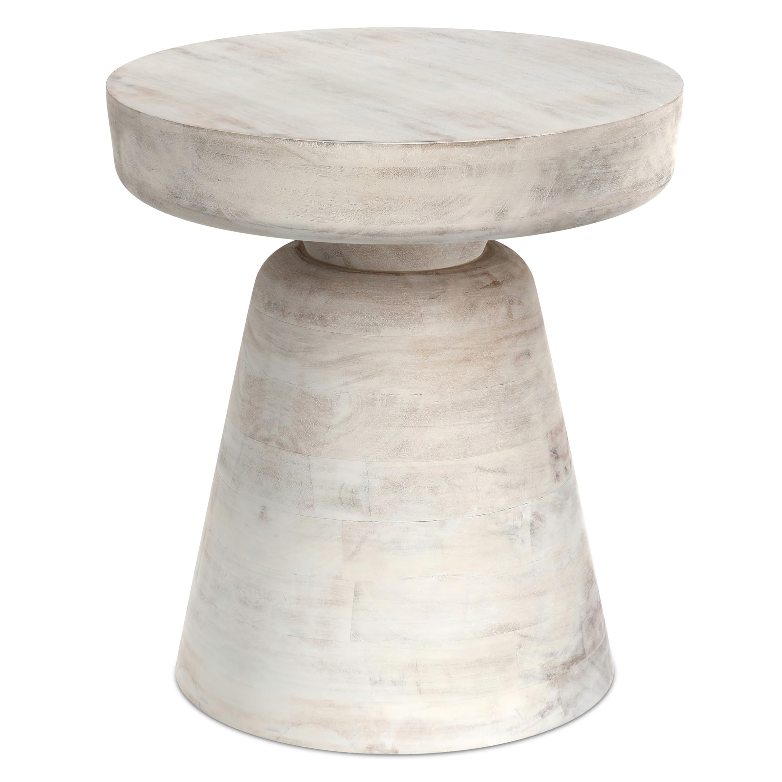 simplihome robbie solid mango wood 16 inch wide round contemporary rustic accent table in distressed white wash fully assembled for the living room and bedroom