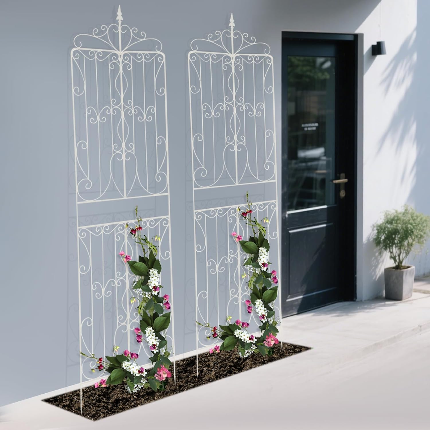 2 Pack Metal Garden Trellis Panel, 93" H x 26" W Outdoor Decorative Flower Arched Fence Trellis for Climbing Plants, Patio Wall Panel Climbing Rose Support for Yard, Lawn (White)