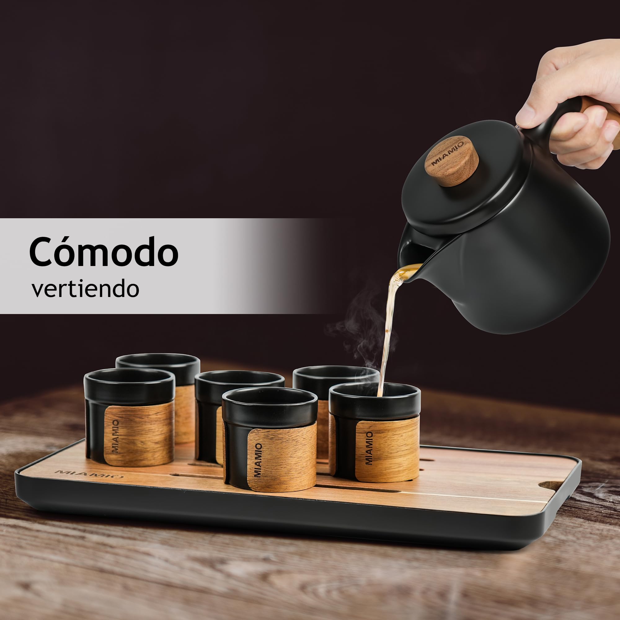 MIAMIO - Juego de té japonés/chino 6 x 100 ml/Tetera asiática de 620 ml con infusor para té, Juego de tazas para té tradicional japonés para amantes del té/hombres/mujeres (Negro)