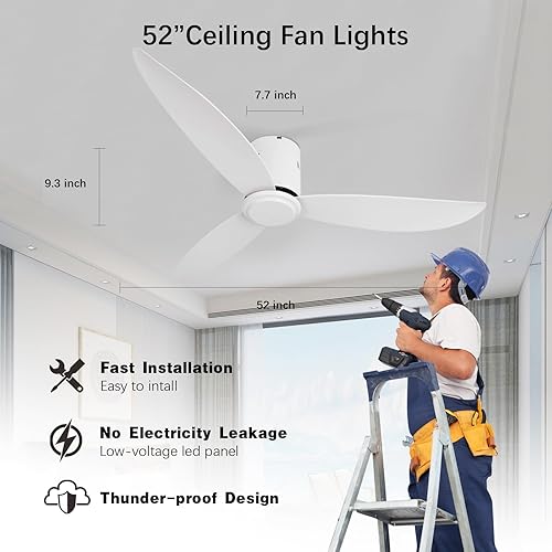 Miniatura 6 de Ventilador de techo de montaje empotrado de 52 pulgadas, sin luces y control remoto con 3 aspas reversibles blancas, ventilador de techo con motor