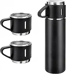 Garrafa Térmica + 2 Xícaras – Conjunto de Viagem – Aço Inoxidável 500ml Preto Fosco