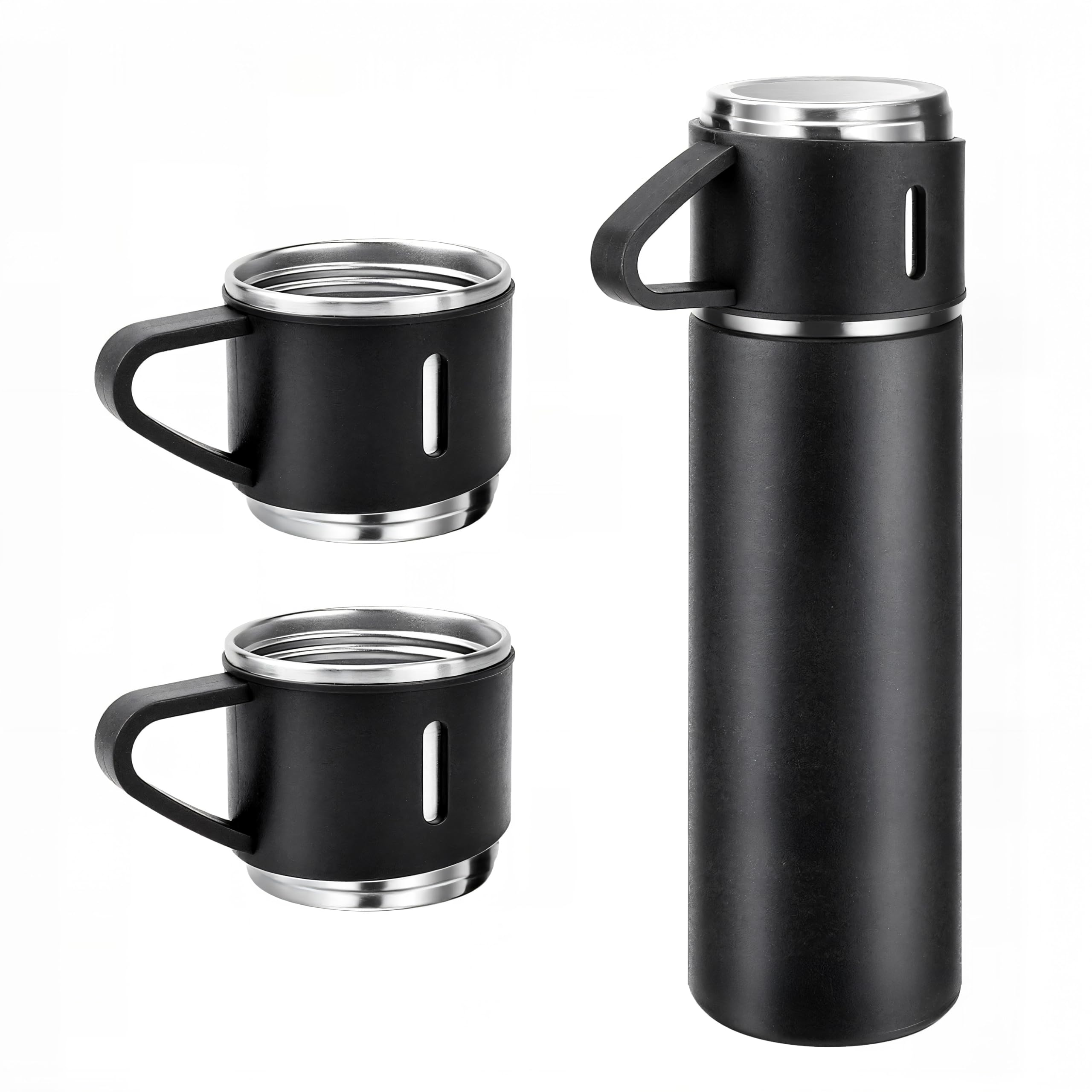 Garrafa Térmica + 2 Xícaras – Conjunto de Viagem – Aço Inoxidável 500ml Preto Fosco