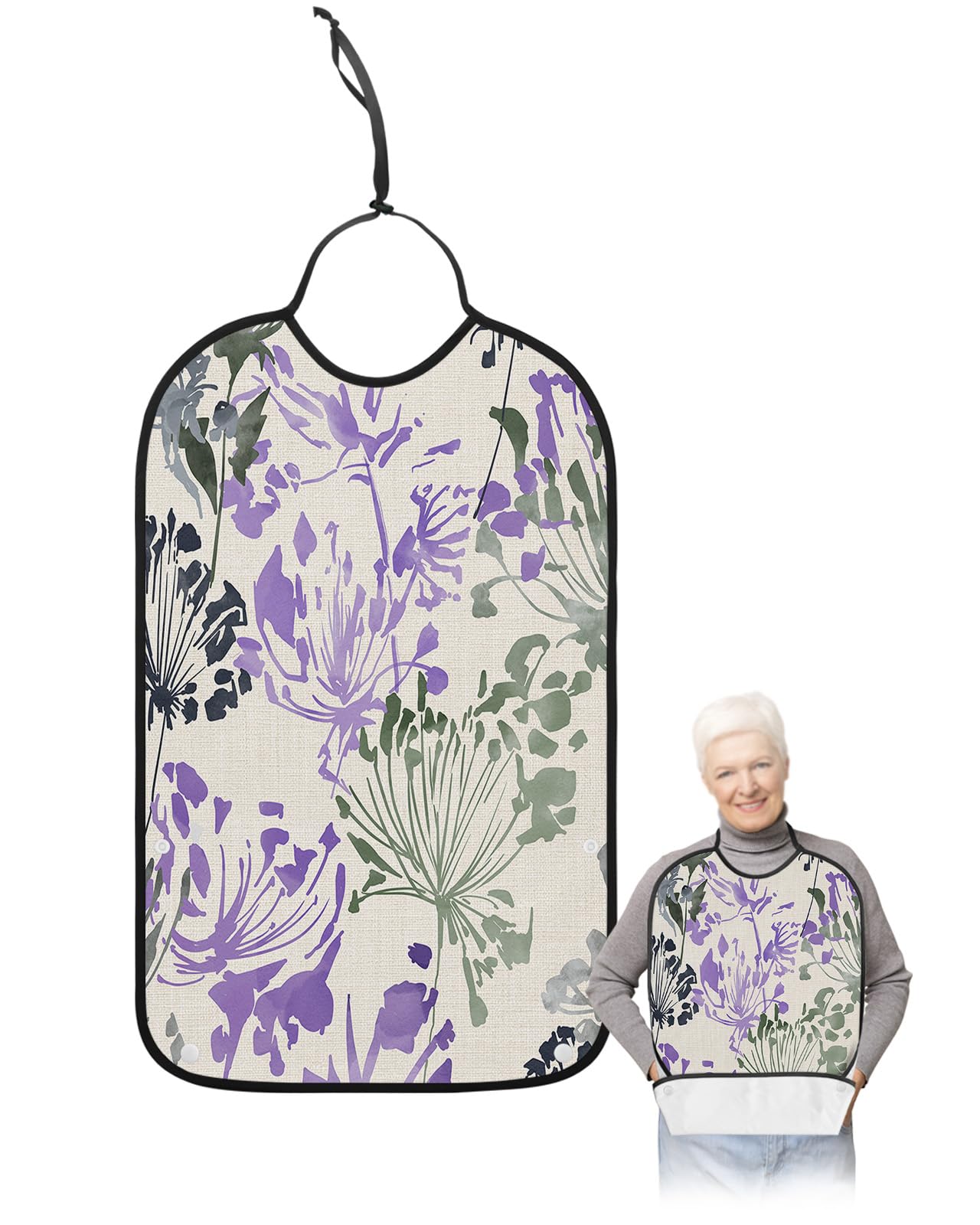 Contemporary Art, Abstract Dandelion Flower Adult Bib for Eating with Crumb Catcher, Washable & Waterproof Terry Cloth Adjustable Elderly Women Men Adult Bibs Funny Apron Reusable Clothing Protector