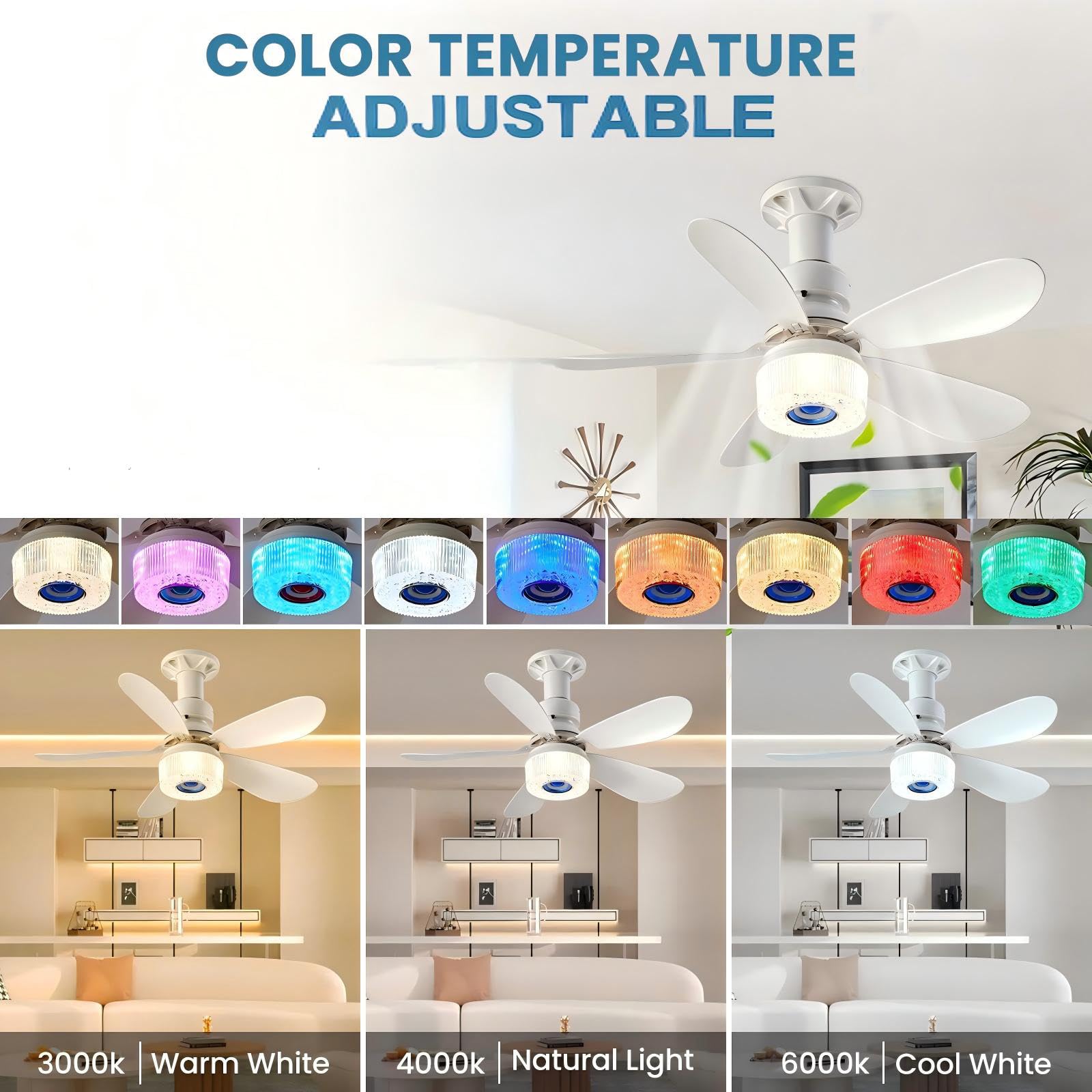 Roadtime Ventilatore da Soffitto con Luce RGB, 52 cm e Altoparlante Musica