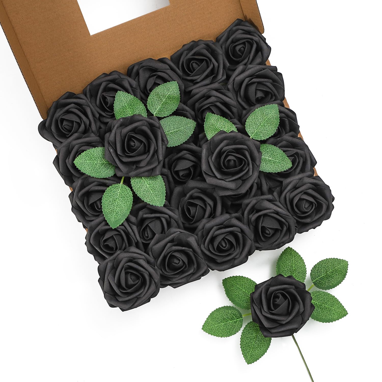 LEUCHTAMOR 25Pcs Artificial Roses Flowers Black Foam Roses Real Touch Fake Rose Heads for DIY Flowers Garland Baby Shower Wedding Bridal Bouquets Table Floral Arrangement Party Home Decoration