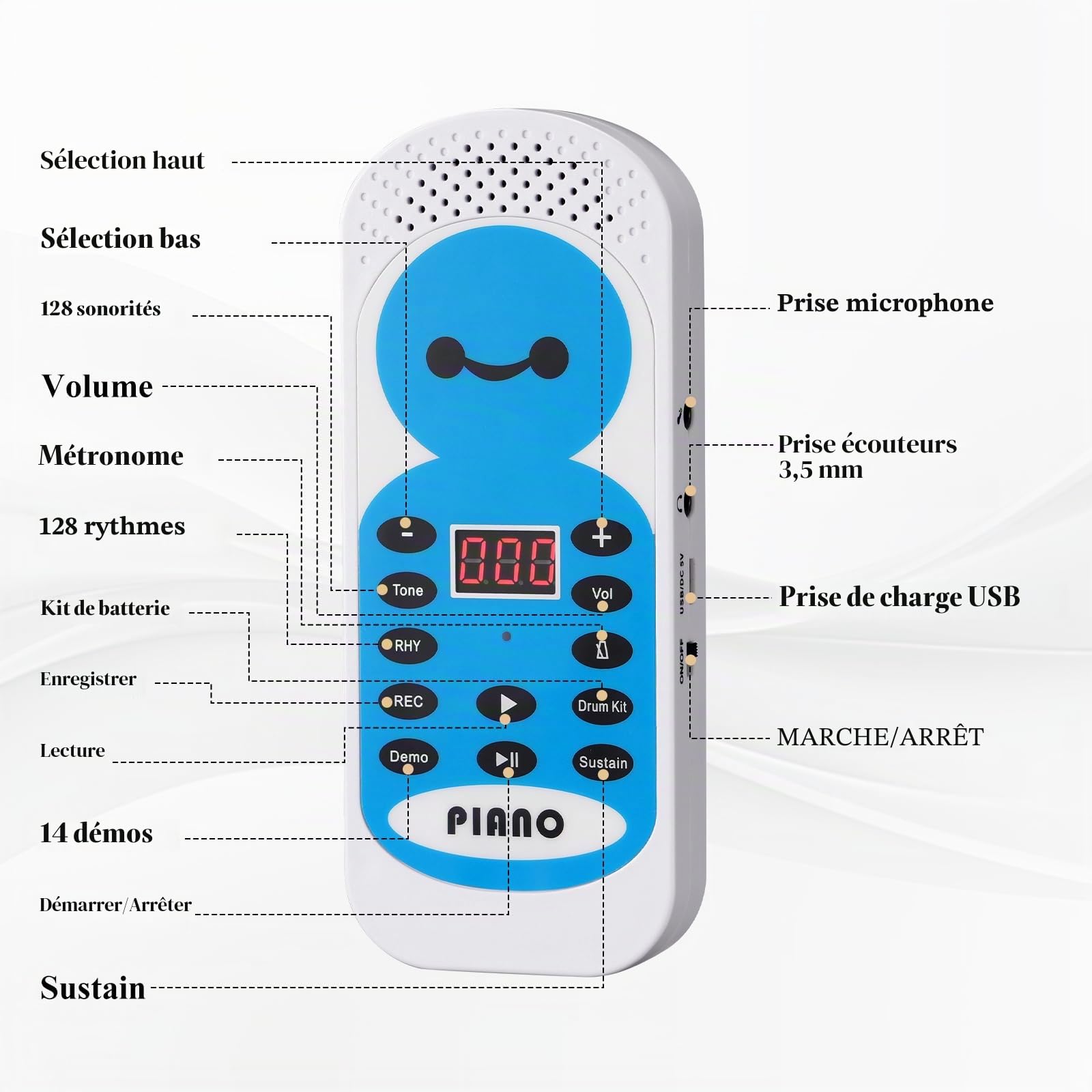POGOLAB Clavier Piano Souple 49 Touches, 14 Démos, 128 Tons, 128 Rythmes, Enregistrement, Microphone et Prise Casque, Piano de Voyage Electrique Numérique Rechargeable, Cadeau pour Débutants