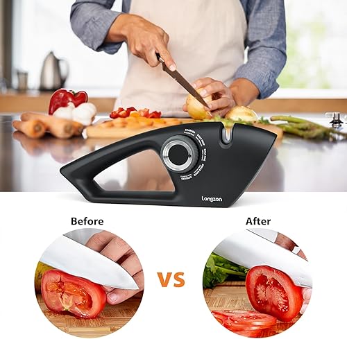 Miniatura 9 de Longzon Afilador de cuchillos 5 en 1 de 5 etapas para cuchillos dentados, tijeras con guante resistente a cortes, cuchillas pulidas originales de