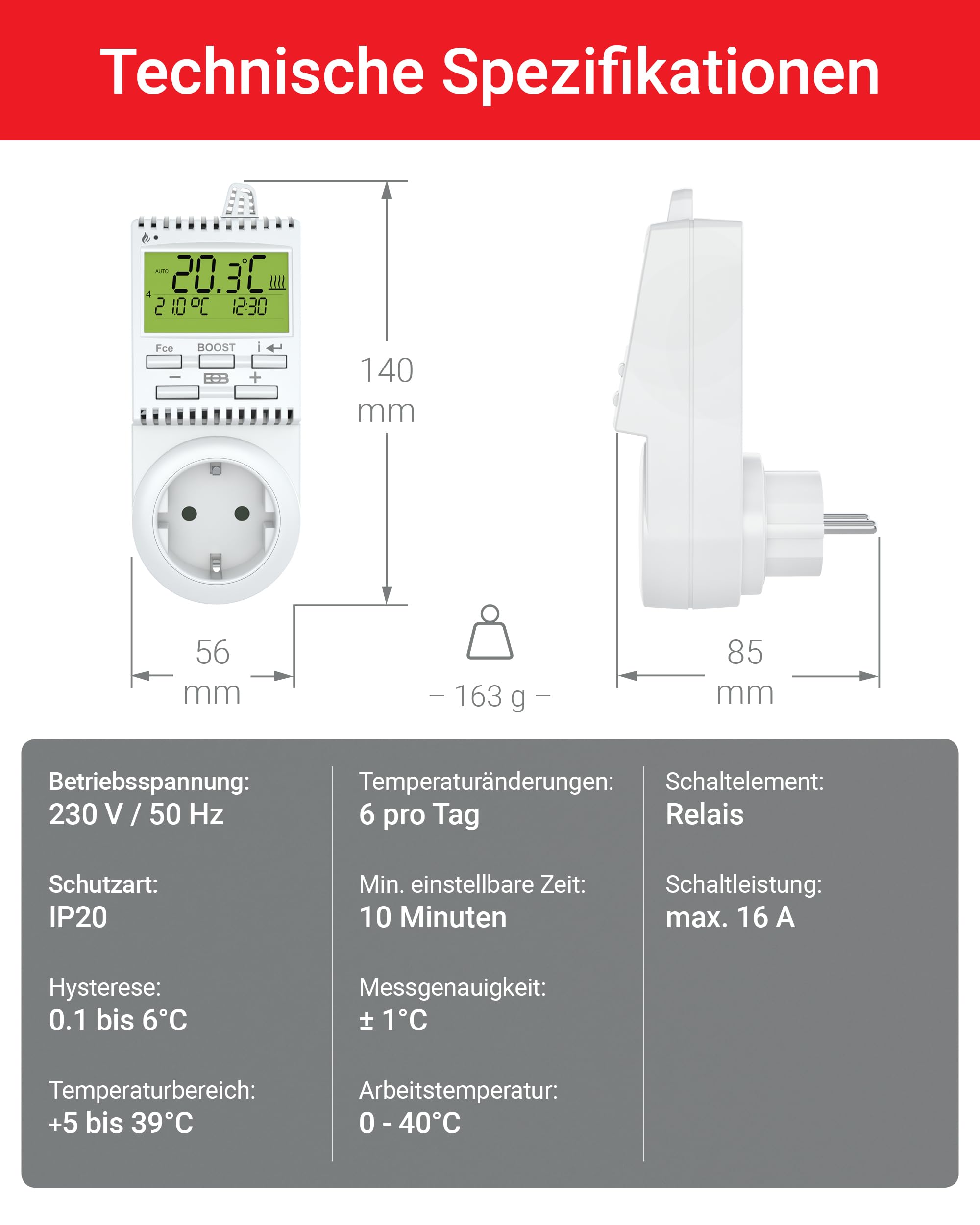 Elektrobock Termostat wtykowy TS30 do ogrzewania elektrycznego RAL 9010 czysta biel normalna
