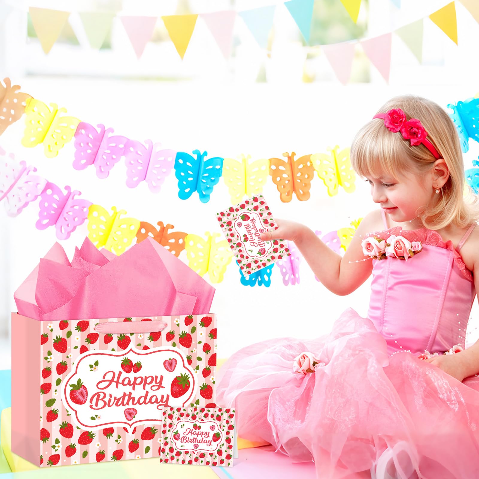 Hooqict Large Strawberry Birthday Gift Bag Pink Happy Birthday Gift Wrapping Bag with Handles, Tissue Paper, Greeting Card for Girls Kids Women Sweet Strawberry Party Decorations Supplies