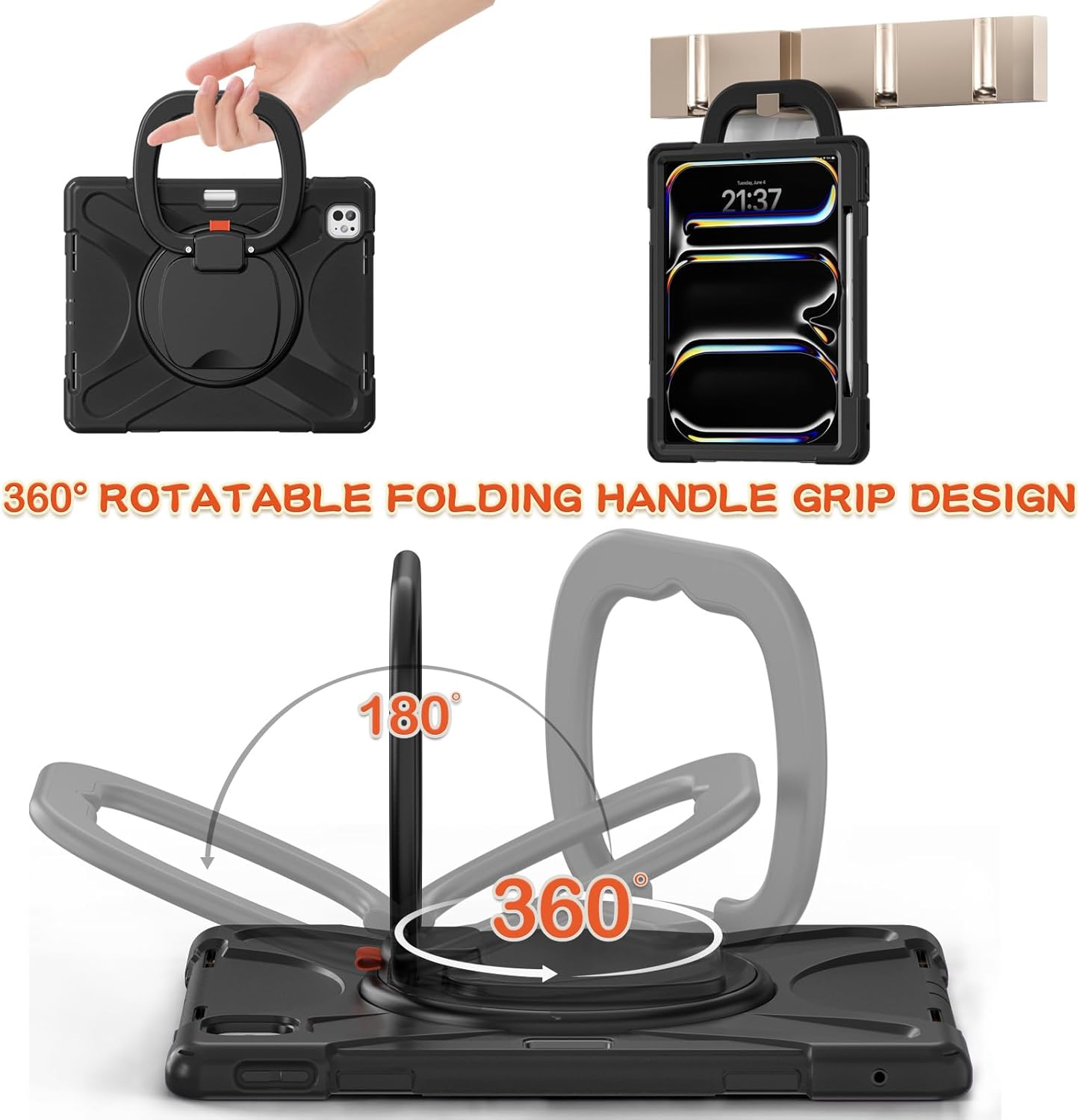 Batianda for New iPad Pro 13-inch Case 2025 M5 2024 M4 Chip Heavy Duty Rugged Durability Silicone Tablet Cover with 360° Rotating Ring Foldable Kickstand & Shoulder Strap, Black