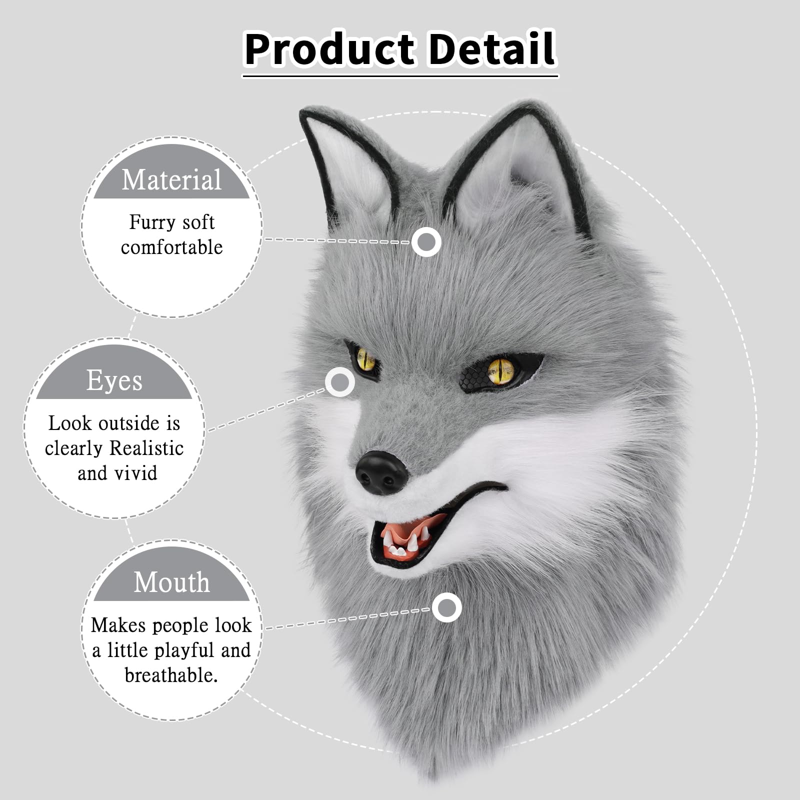 PPFINE Animal Faux Fur Wolf Dog Furry Full Head Mask Cosplay Costume Accessories for Halloween Party, Graywhite - Image 4