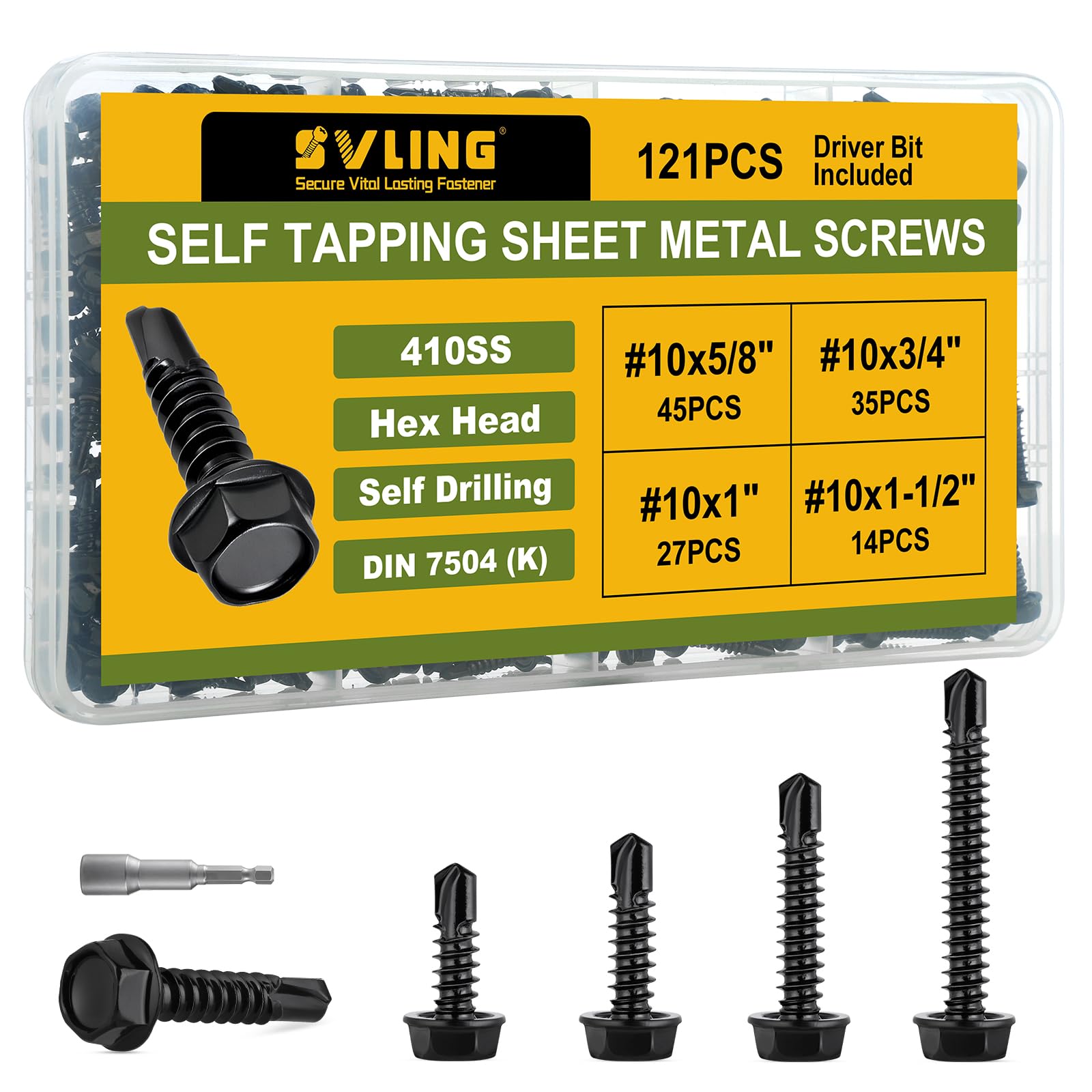 Kit di 121 viti autofilettanti nere in acciaio inox 410, viti autoperforanti per metallo, 5/8" 3/4" 1" 1-1/2", vite esagonale per lamiera