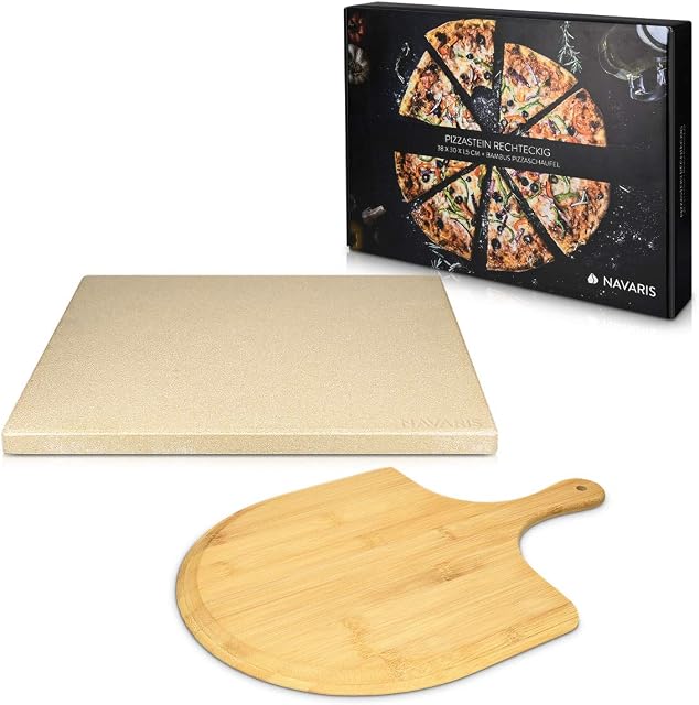 Navaris XL Pizza Stone Set for Baking - Cordierite Pizza Stone Plate with Large Wooden Pizza Peel Board for BBQ Grill Oven - Rectangular, 38x30x1.5cm