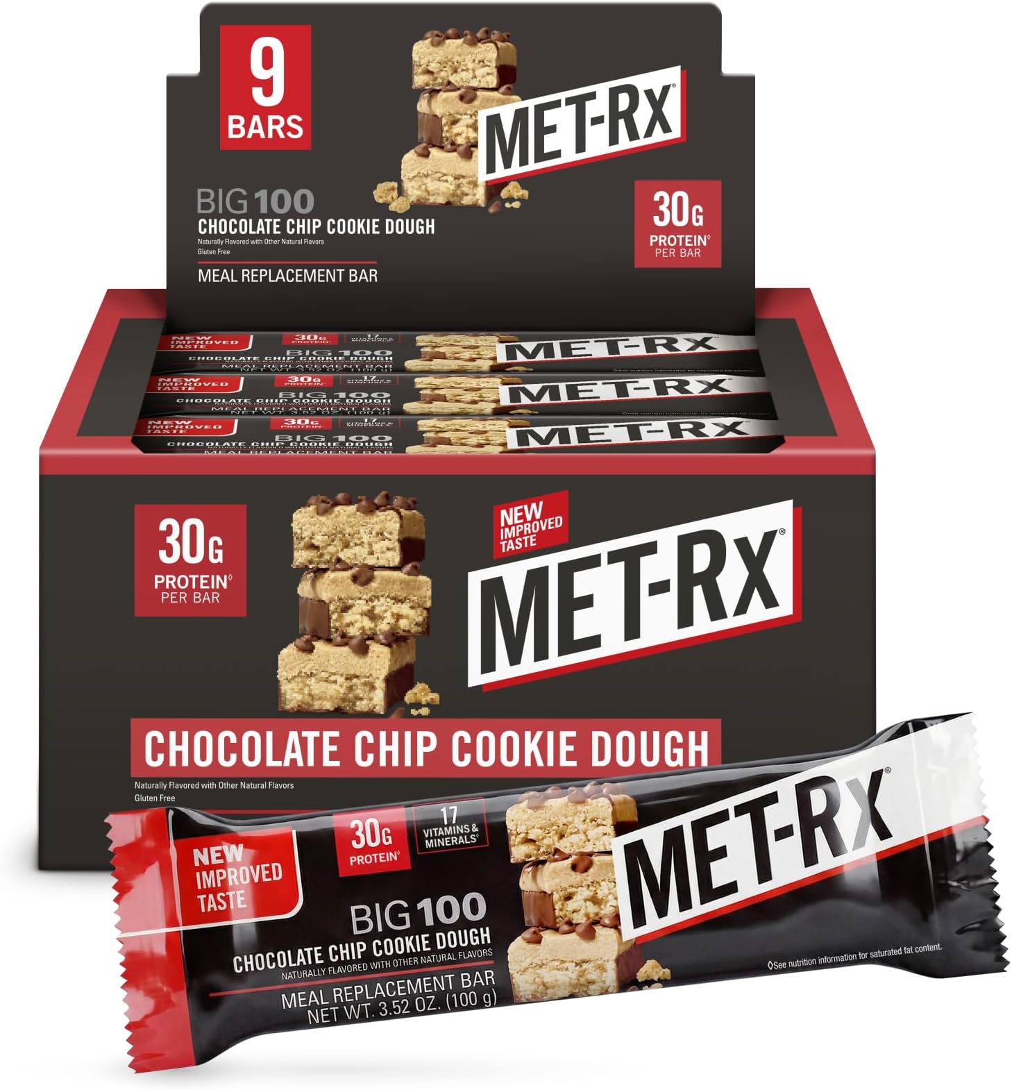 MET-Rx Big 100 Colossal Protein Bars, Chocolate Chip Cookie Dough Meal Replacement Bars, 9 Count (Pack of 1)