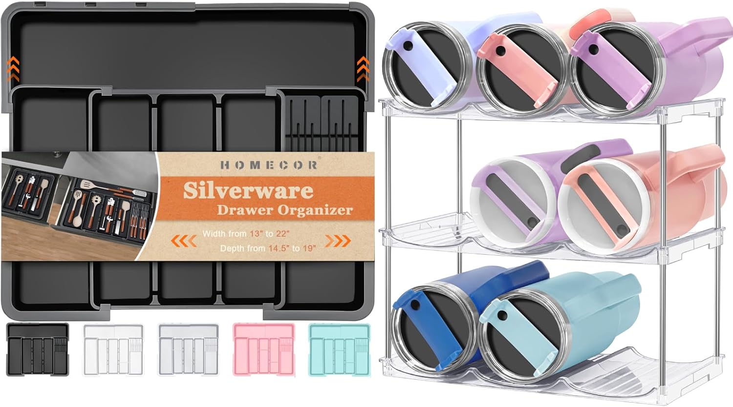 Homecor Large Utensil Drawer Organizer for Kitchen & Water Bottle Organizer for Stanley 40 oz Tumbler