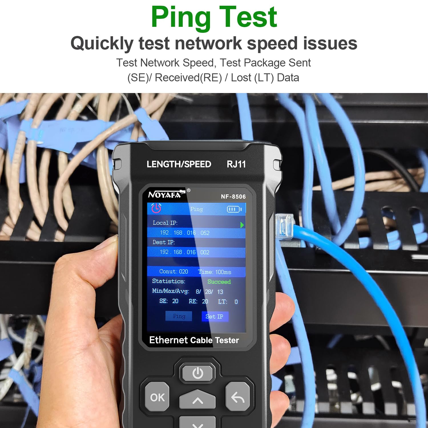 NOYAFA NF-8506 Tester di Cavi di Rete – Tester Ethernet con Ping, Scansione IP e TDR, Test Velocità Rete, Lampeggio Porte, Rilevatore Cavi RJ45 RJ11, CAT5 CAT6