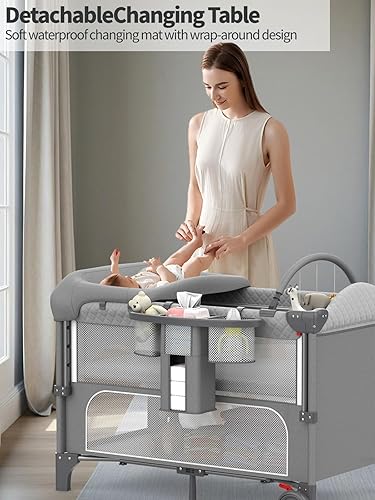 Miniatura 3 de Cuna para bebé, empacar y jugar, cuna ajustable de 4 alturas, cambiador de pañales con almohadillas para pañales, puerta con cremallera, mosquitera,