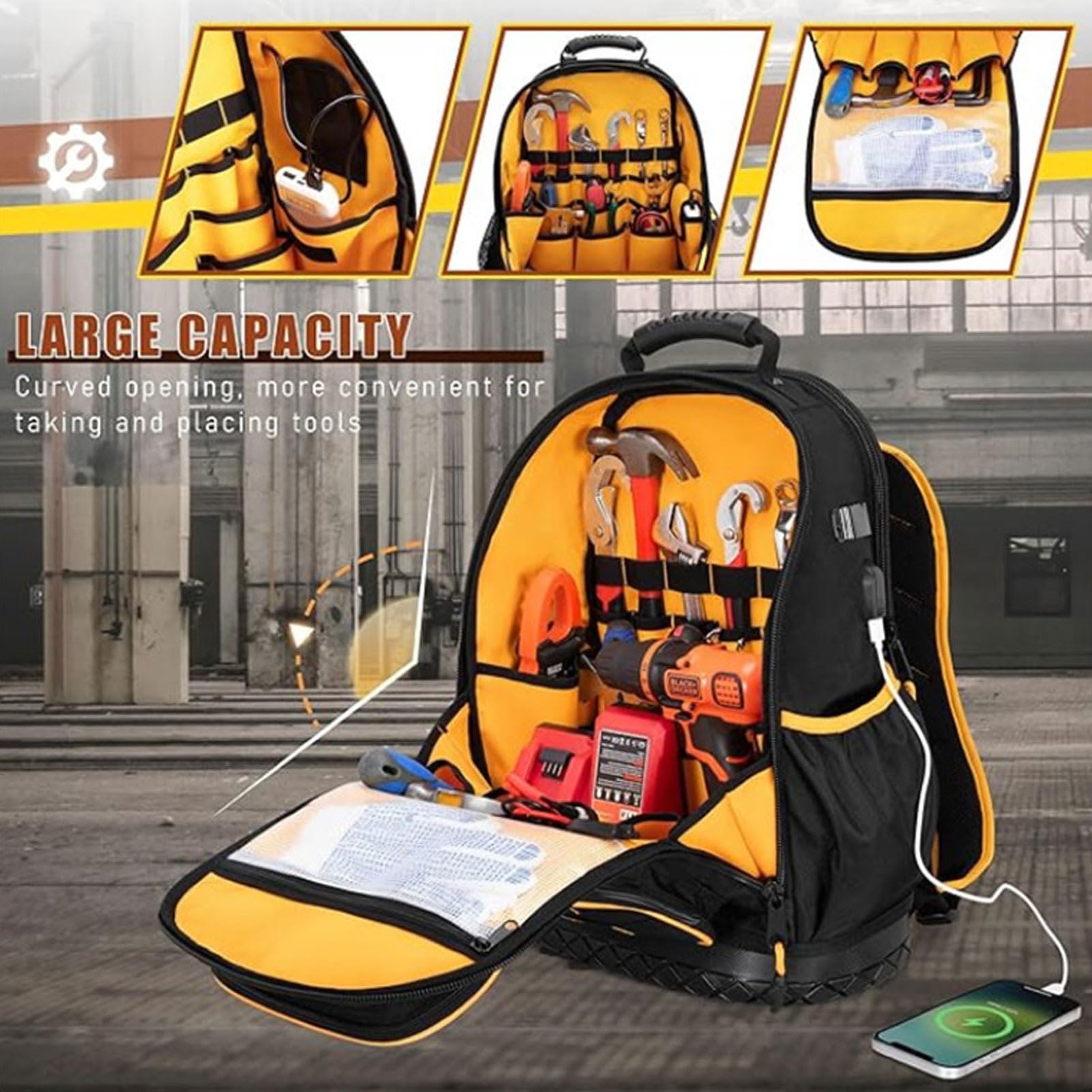 Zaino portautensili ZenithAur con fondo rigido e tasche multiple, borsa portautensili resistente con scomparto per laptop da 15,6 pollici e porta USB per elettricisti e tecnici.