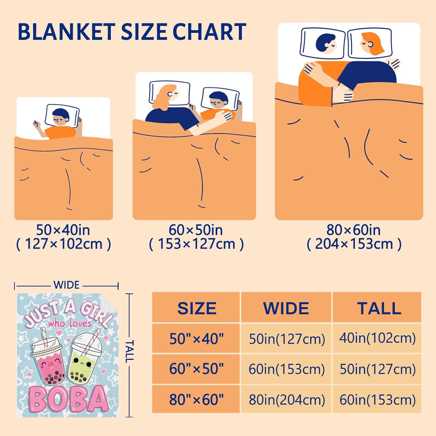 Just A Girl Who Loves Boba Blanket, Kawaii Boba Tea Anime Style Plush Blanket, Cute Boba Gift for Girls Kids Toddler, Bubble Tea Lovers Gifts, Kids Christmas Decor Flannel Blankets, Blue,60"X50"