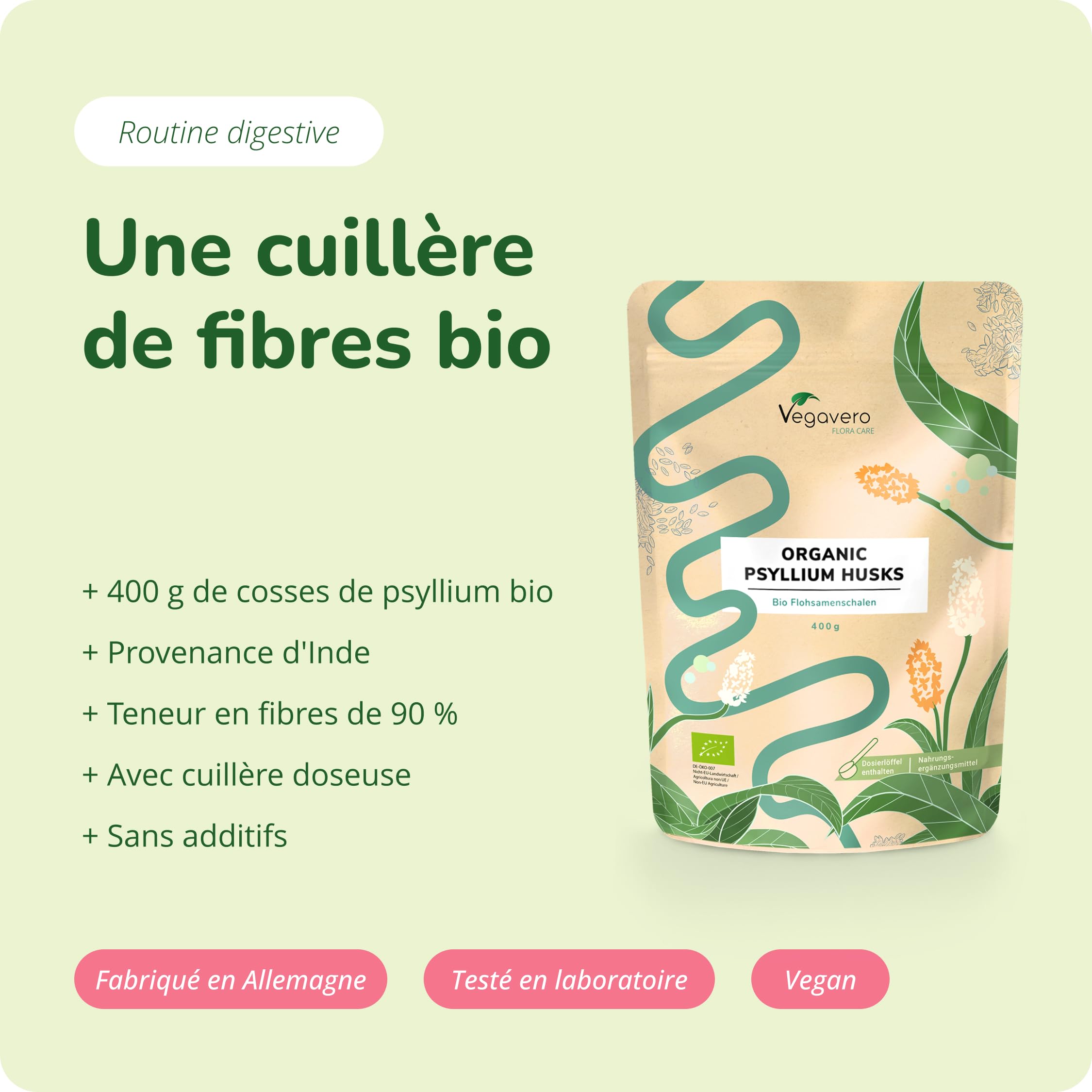 Tegument Psyllium Blond BIO | 99% de Pureté | Riche en Fibre | Qualité Supérieure : Psillium Husk Naturel & Vegan | Digestion + Aide Transit | Sachet 400g | Vegavero®