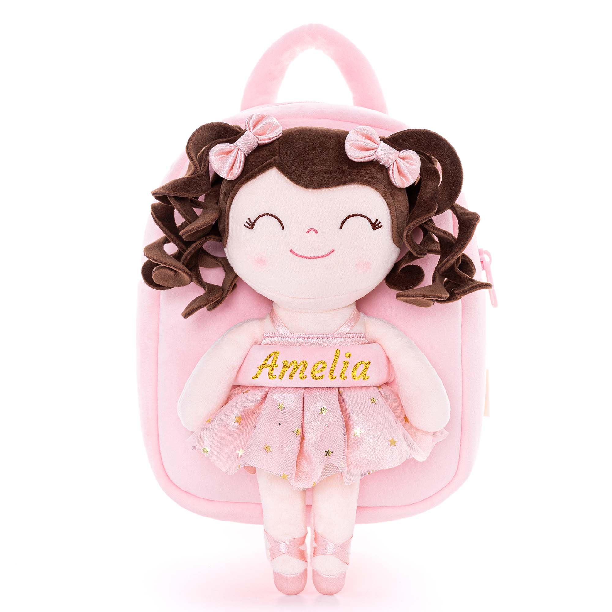 Gloveleya Personalized Toddler Backpack Ballerina Girl Gifts Plush Curly Hair Ballet Backpack - Champagne Pink 9 inches