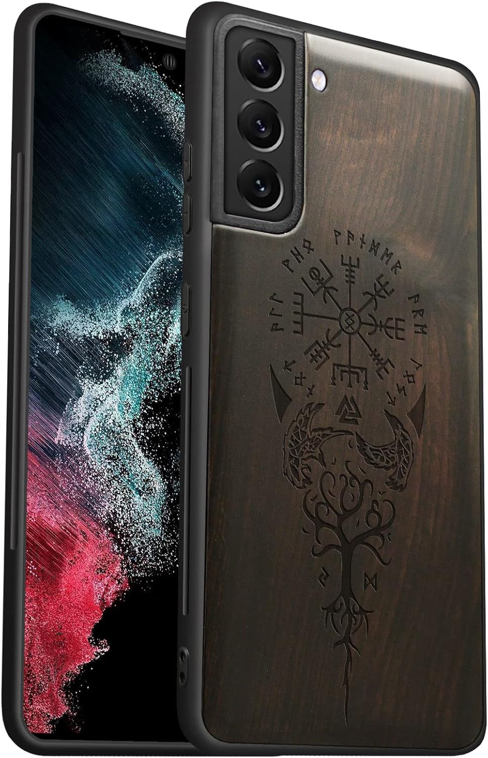 Carveit for Galaxy S22 Case Wood Case Blackwood Hybrid Protective Cover Compatible with Samsung S22 | Hard Real Wood, Soft TPU, Shockproof, Unique, Classy, Wooden Design, Viking Compass Vegvisir