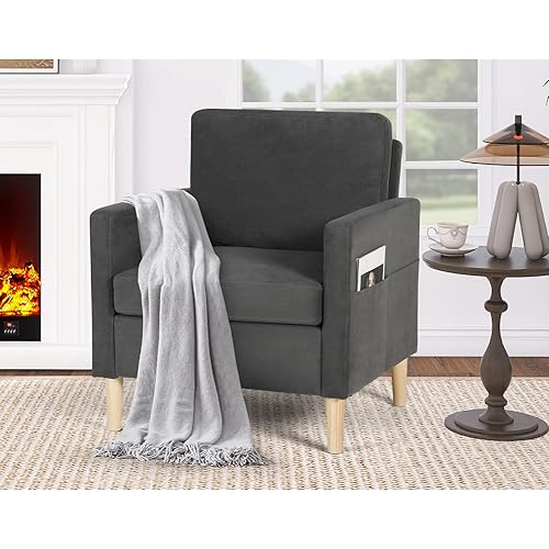 TYBOATLE Upholstered Modern Single Sofa Chair, Mid-Century Linen Fabric Comfy Living Room Accent Arm Chairs Furniture w/Armrest Pockets, Bedroom Office Club Reading Lounging Side Lounge Chair (Grey)