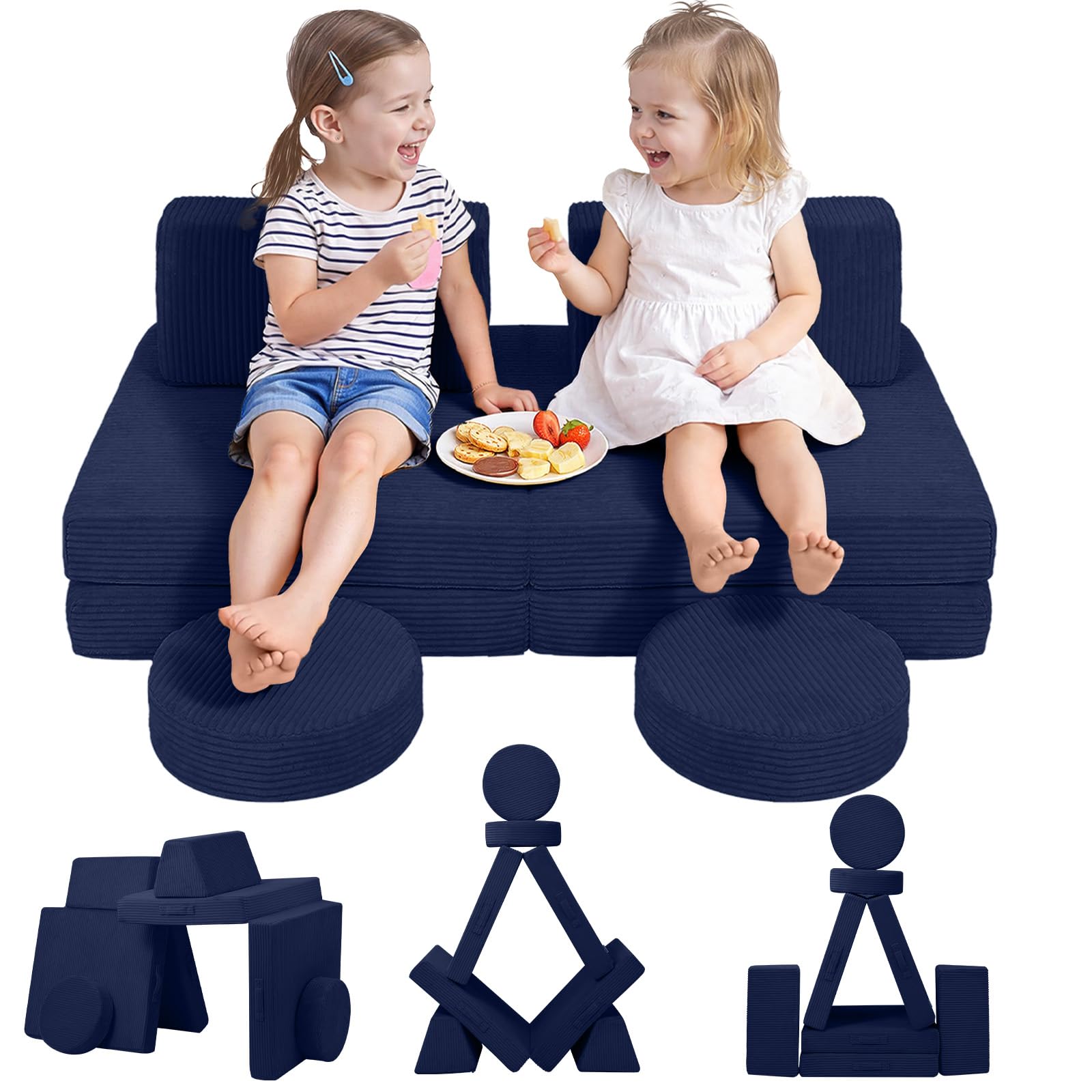 MeMoreCool Play Sofa Kids, 8-Piece Modular Toddler Chair Couch, Navy Blue