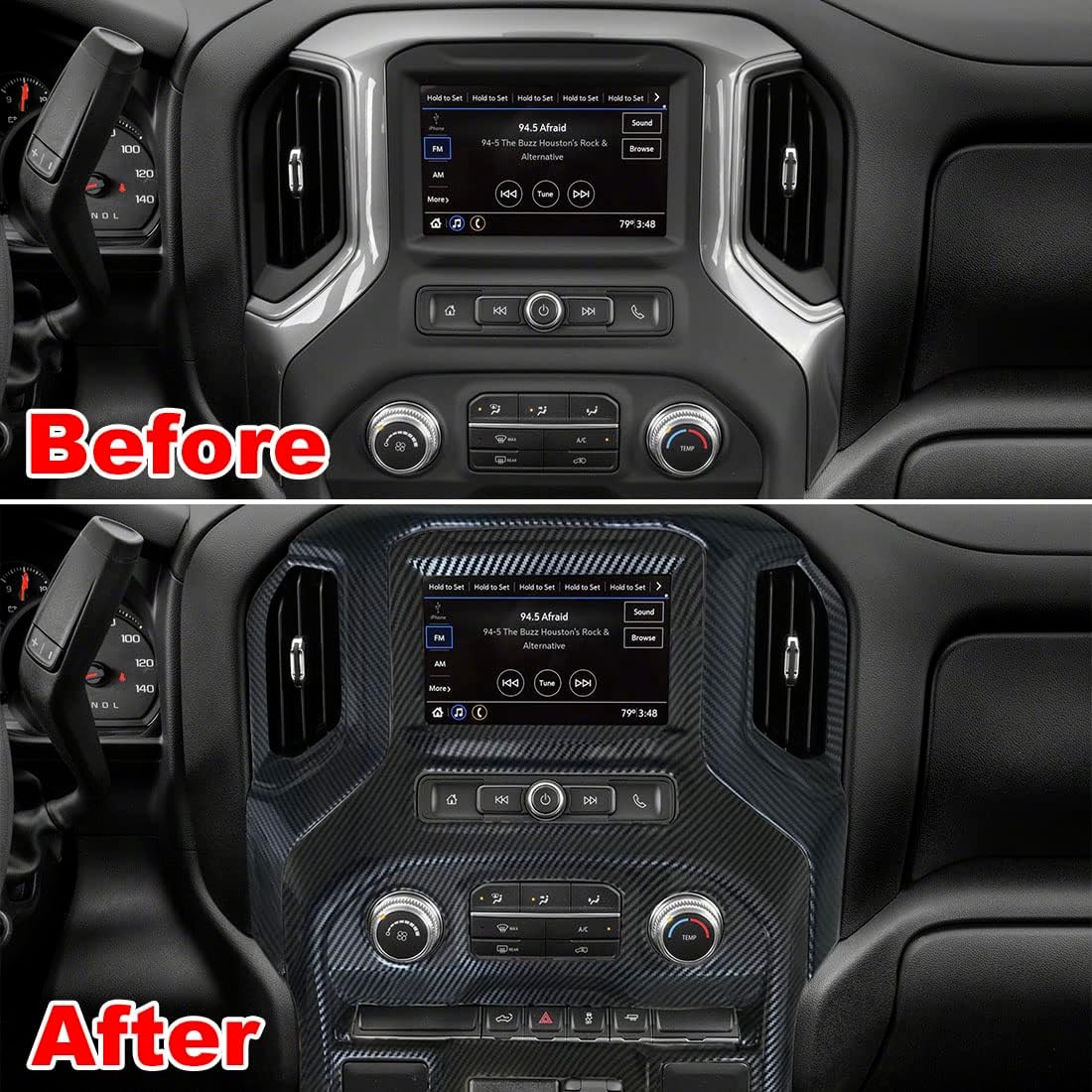 ruihe ‌Carbon Fiber Color Radio & Navigation Control Panel Cover Trim for 2019-2025 GMC Sierra/Chevy Silverado 1500/2500/3500 - ABS Plastic Dash Frame Upgrade（Low Version）