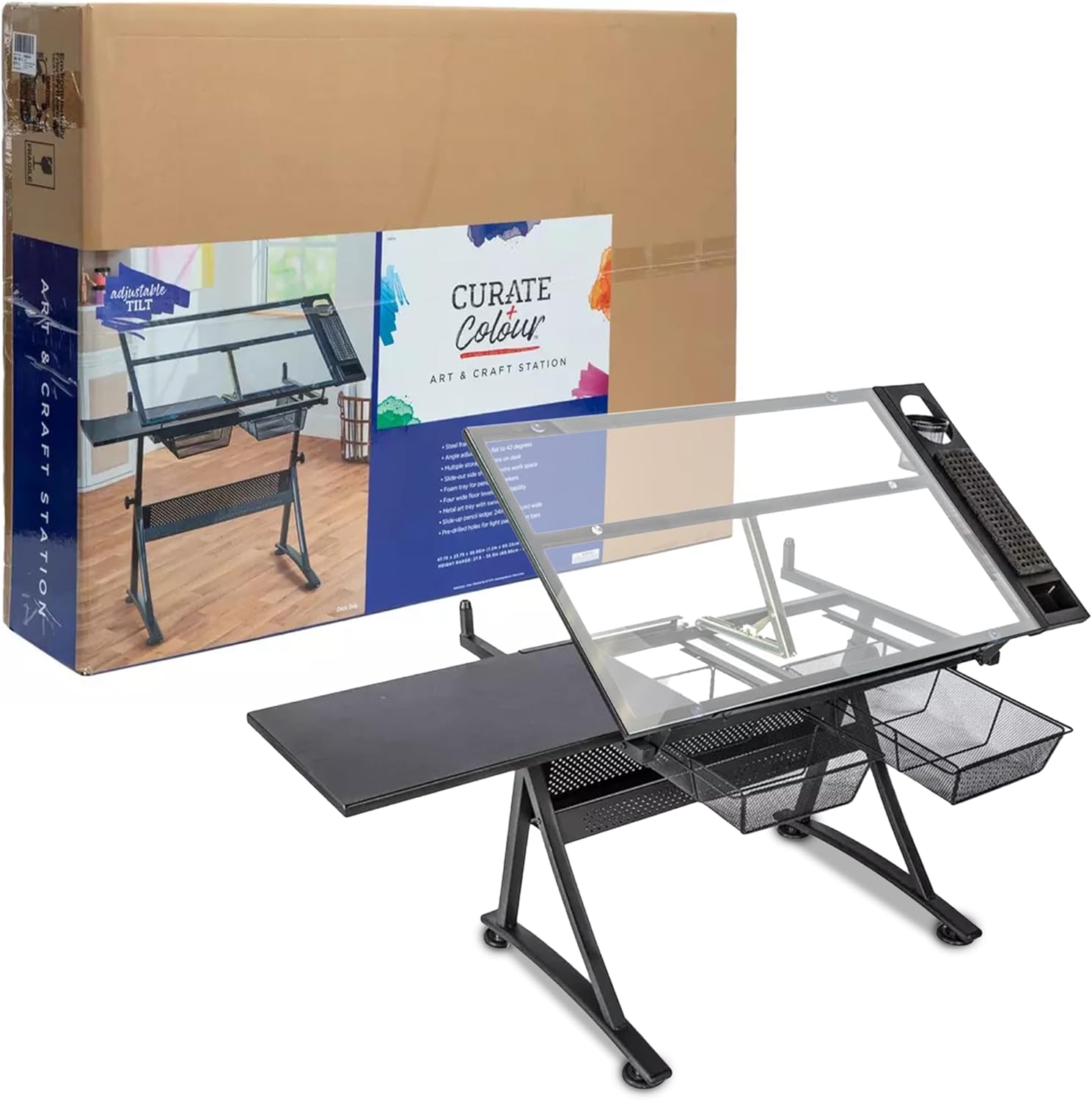 Glass Top Art & Craft Station - Sturdy & Adjustable Drawing Table w/ 2 Drawers, Foam Pencil Ledge, Metal Baskets & More - Easy to Assemble Draft Table - Versatile Artist Desk for all your Art Projects