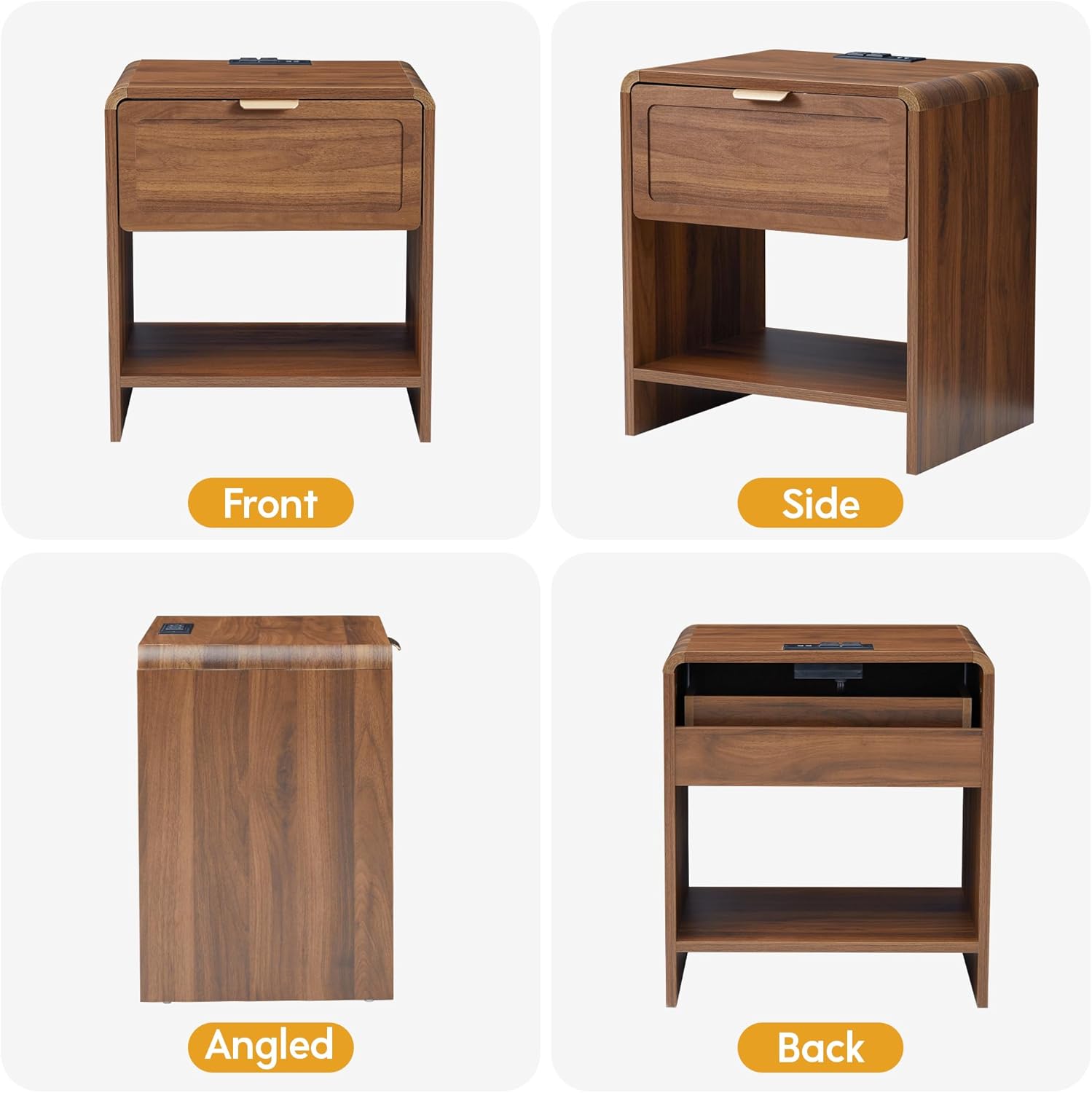 LEVNARY Compact Nightstand with Charging Station, Small Bedside Table with Curved Top Corners and Storage Drawer, Mid-Century Modern Wooden End Table for Farmhouse Bedroom Living Room (1, Walnut)