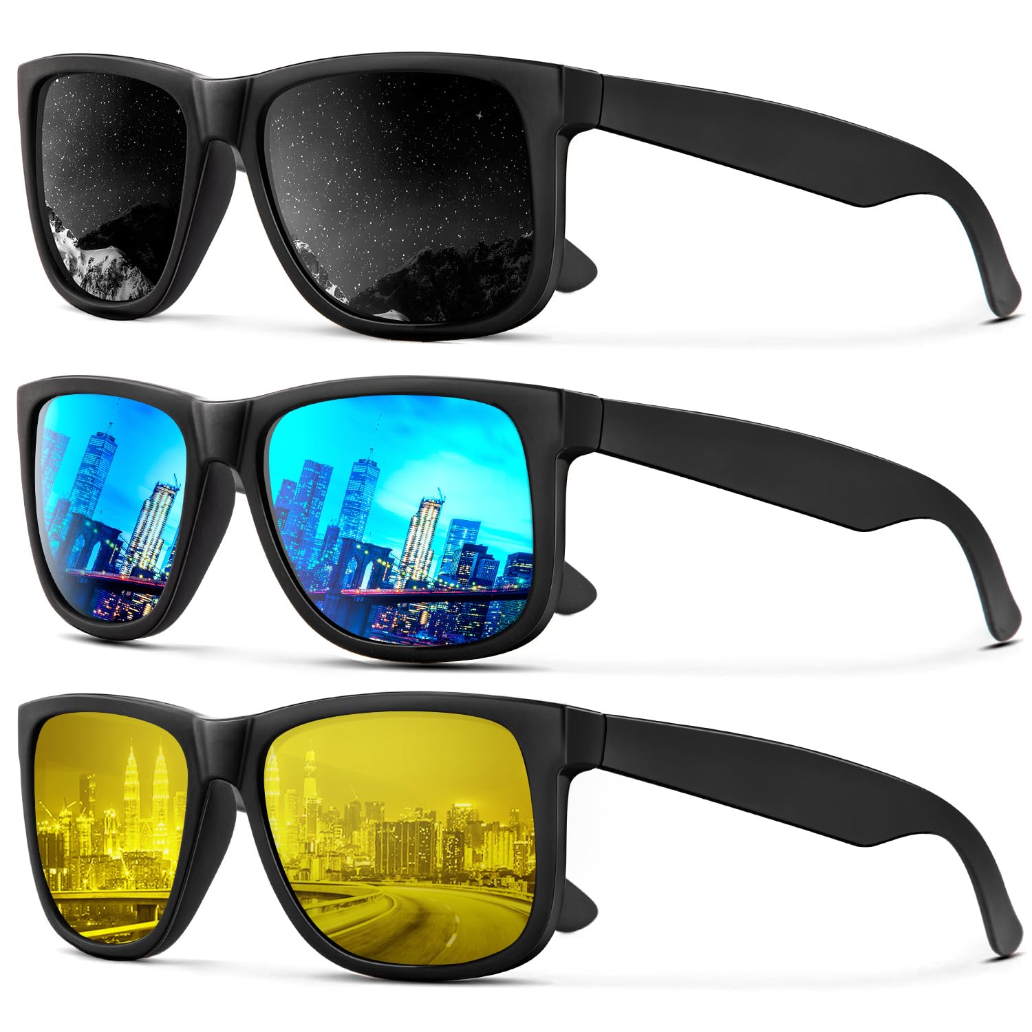 KALIYADI Sunglasses Men Polarized Sun glasses for Mens Womens Classic Matte Black Frame UV Protection 3pack