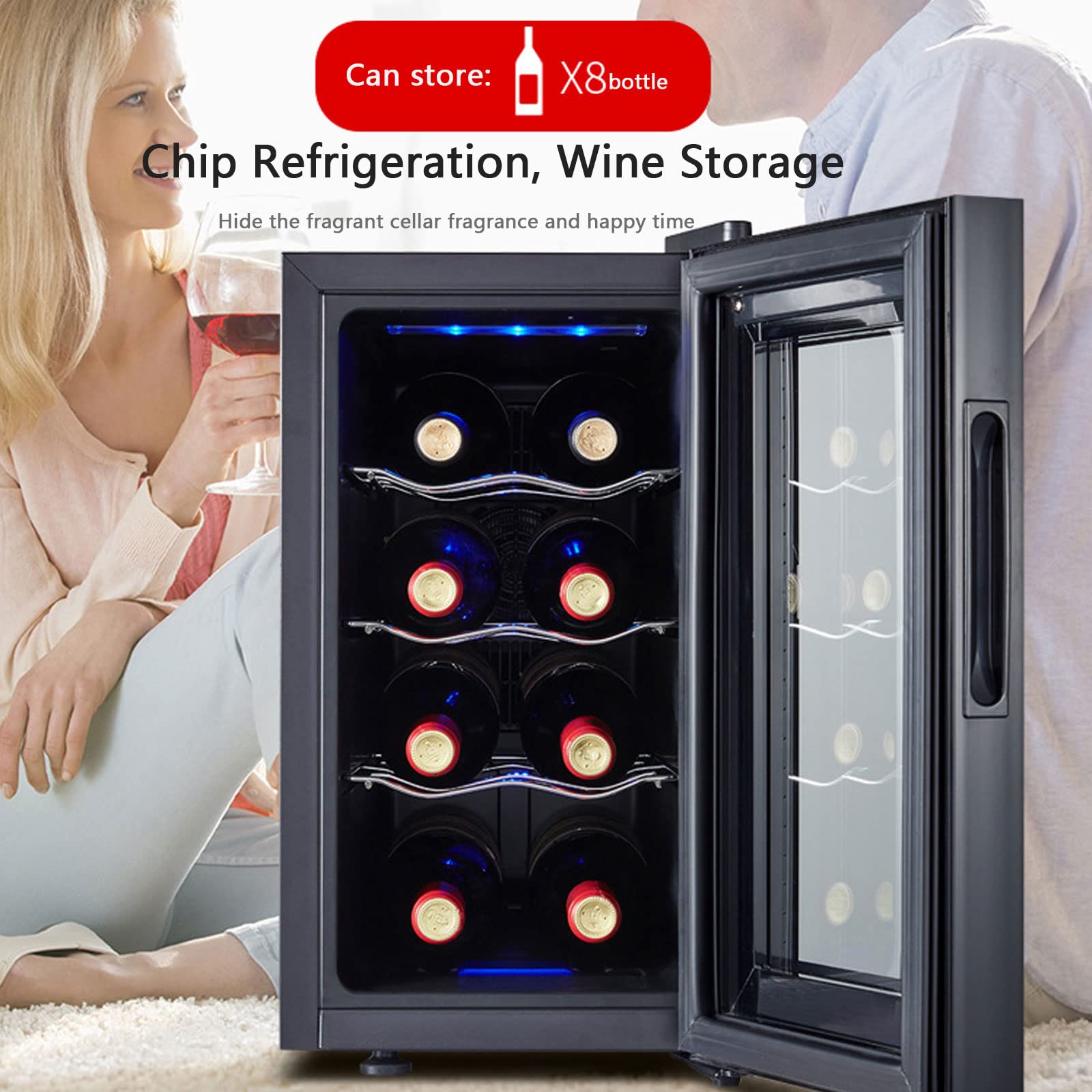 Enfriador Cava de Vinos para 8 Botellas con Panel de Control Digital, Evita Vibraciones, Iluminación LED, 8-18℃ Nevera Vinos con Estantes Extraíbles, 23L, Vinotecas Pequeñas, Negro