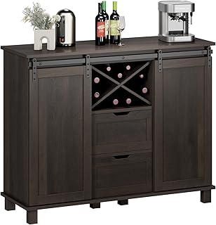 Farmhouse Buffet Sideboard Coffee Bar Cabinet with Storage Liquor Wine Cabinet with Sliding Barn Door Kitchen Accent Storage Cabinet Dark Brown